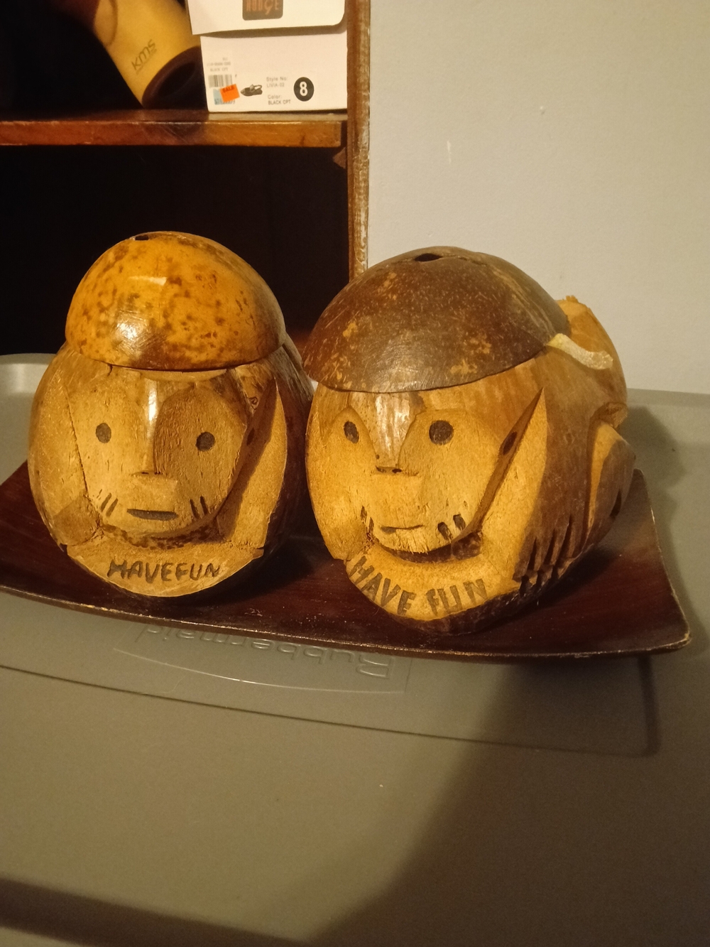 Pair of Carved Coconut Shell Monkey Home Decor With Tray- Brown